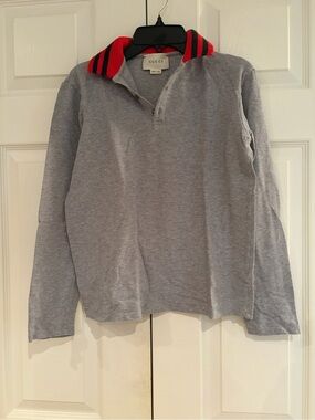 Gucci Light Gray Long Sleeve Polo with Red and Black Striped Collar